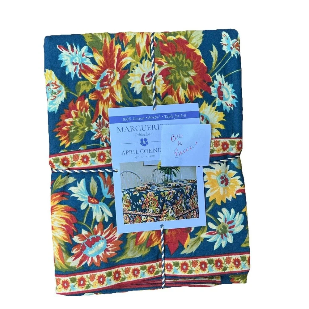 April Cornell Marguerite Floral Tablecloth 60 X 84 Dark Turquoise Cotton New